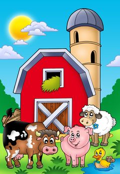 Big red barn with farm animals - color illustration.