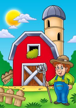 Big red barn with farmer - color illustration.