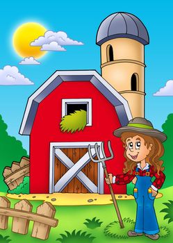 Big red barn with farmer girl - color illustration.