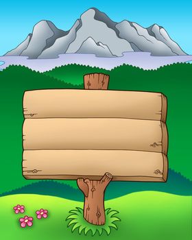 Big wooden sign with mountains - color illustration.