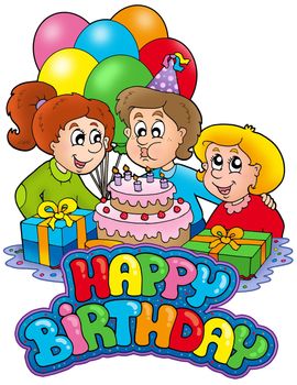 Birthday sign with happy family - color illustration.