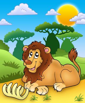 Cute lion with bone - color illustration.