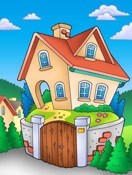 Family house on countryside - color illustration.