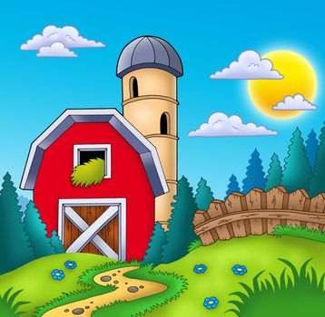 Meadow with big red barn - color illustration.