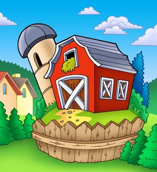 Red barn with fence on countryside - color illustration.