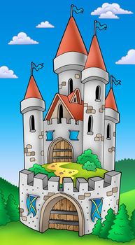 Tall castle with fortification - color illustration.