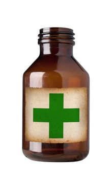 Old fashioned drug bottle with label, isolated, clipping path.