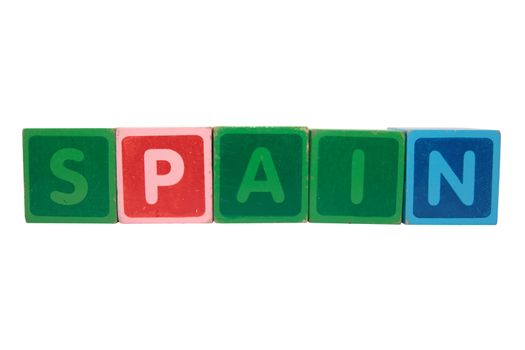 toy letters that spell spain against a white background with clipping path