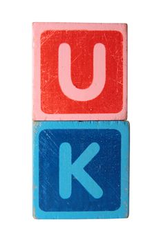 toy letters that spell uk against a white background with clipping path