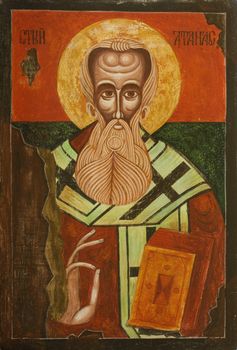 Old Bulgarian Icon of Saint Athanasius (Atanas, the Great) of Alexandria, one of the four Doctors of the Church. Greek patriarch of Alexandria who championed Christian orthodoxy against Arianism (293-373)