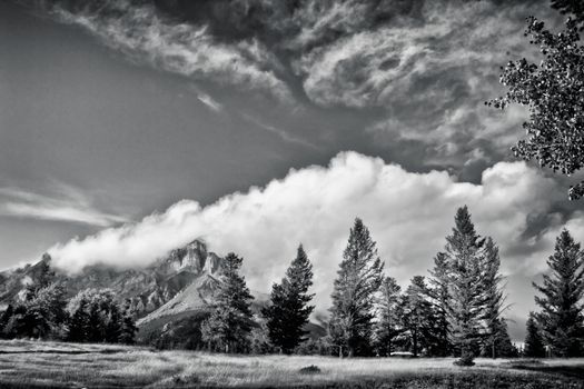 The majestic Canadian Rocky Mountains covered with fog