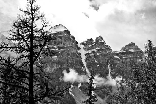 The majestic Canadian Rocky Mountains covered with fog