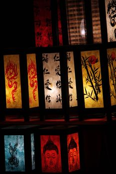 many colorfully china lanterns are lighten bright in the darkness