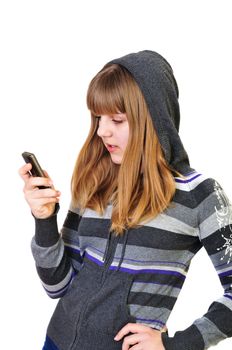  teenage girl typing sms on the mobile phone over the white
