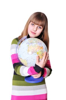  teen sweet girl hugging globe of the world
