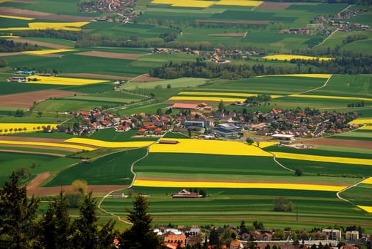 Fontaines village in the middle of Ruz Valley surrounded by fezlds and farms, Cernier city is at foreground and just behind wa can see Engollon aglomeration