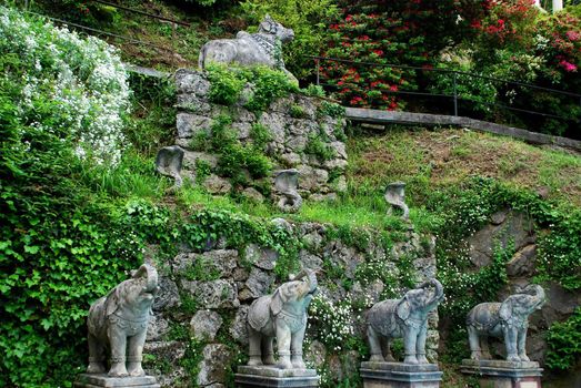 The part of Indian style presentation in Scherrer Park in Morcote, elefant, cobras and caw sculptures are integrated in the stone wall decorated with plants and flowers. This park in Italian Switzerland is one of impressive attractions. 