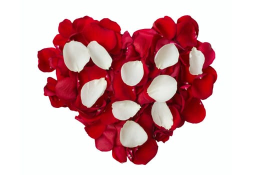 Red and white rose petals in heart shape