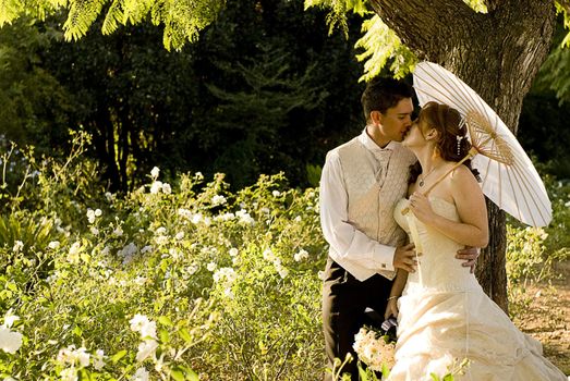 just married couple standing and kissing in white flower bed under a tree in nature on a sunny day