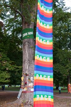 STUTTGART - Oct 09: 150K people protest against the S21 rail project in Stuttgart on Oct 09, 2010 in Stuttgart. S21 station is one of the most expensive and controversial railway projects with regular demonstrations going on. The photo shows decorated trees during the final event in the Schlosspark after a demonstration moving through the main streets of Stuttgart with at least 150.000 people.