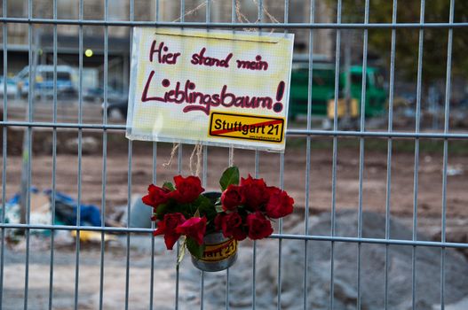 STUTTGART - Oct 09: 150K people protest against the S21 rail project in Stuttgart on Oct 09, 2010 in Stuttgart. S21 station is one of the most expensive and controversial railway projects with regular demonstrations going on. The photo shows the fence of the construction site in the Schlosspark visited and decorated by over 150.000 people during the large protest walk and event in the park.