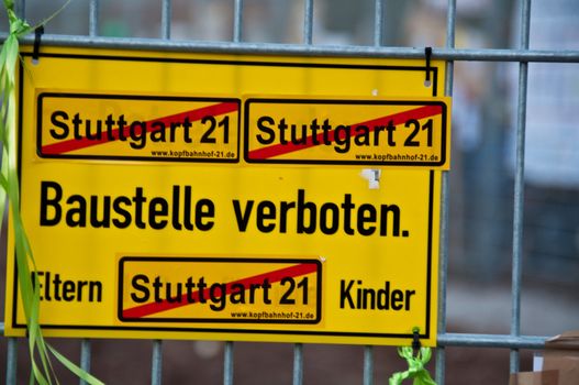 STUTTGART - Oct 09: 150K people protest against the S21 rail project in Stuttgart on Oct 09, 2010 in Stuttgart. S21 station is one of the most expensive and controversial railway projects with regular demonstrations going on. The photo shows the fence of the construction site in the Schlosspark visited and decorated by over 150.000 people during the large protest walk and event in the park.