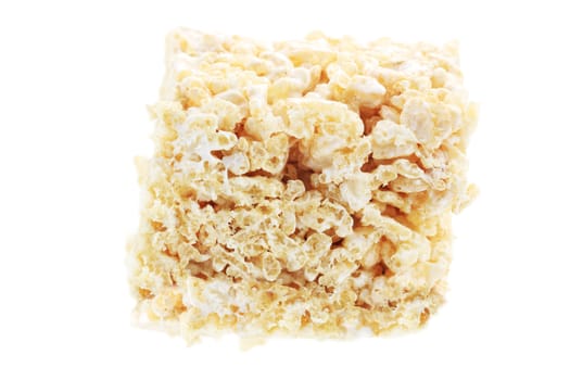 Marshmallow and rice cereal dessert bar isolated on a white background. 