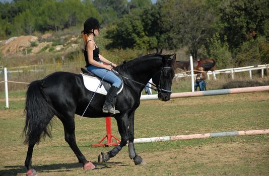riding young woman and her best friend black stallion