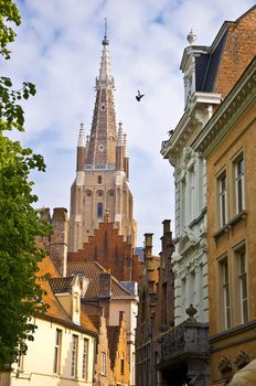 Bruges. Belgium. Classic urban environment of the medieval city. Summer urban landscape.