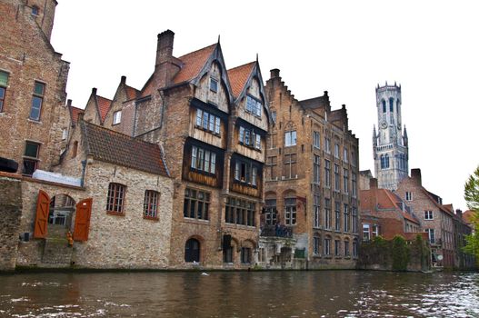 Classic view of channels of Bruges. Belgium. Medieval fairytale city. Summer urban landscape. 