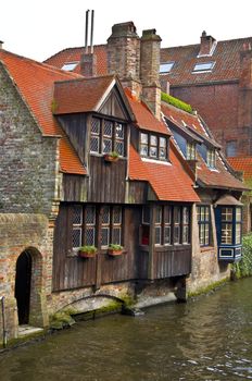 Classic view of channels of Bruges. Belgium. Medieval fairytale city. Summer urban landscape. 