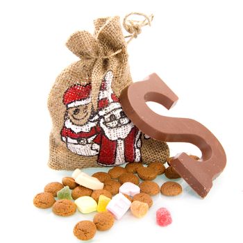 a bag, nuts and a chocolate letter for "sinterklaas", a dutch tradition