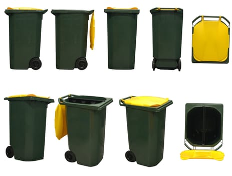 green garbage bins with yellow cover isolated on white background
