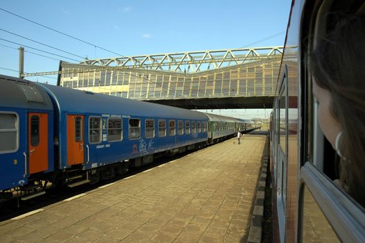 trains in railway station waiting for departure