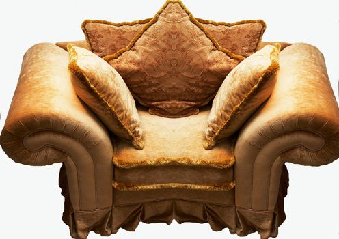 royal vintage armchair with soft pillows in white background.