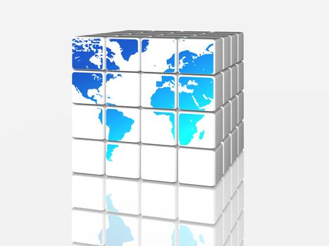 3d white cubes with blue world map