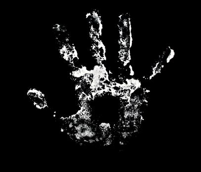 On black-white print of a human hand.