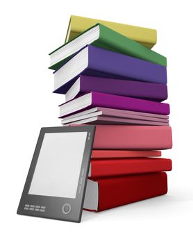 Ebook reader leaning against a stack of classic books. 3D rendered image.