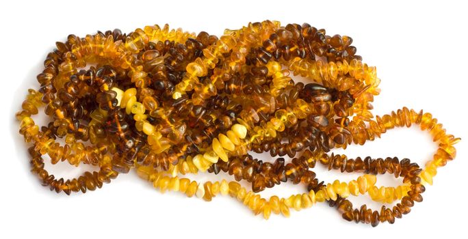 Amber bead necklaces on white background