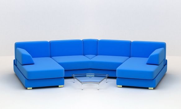 Comfort blue textile sofa on white background.