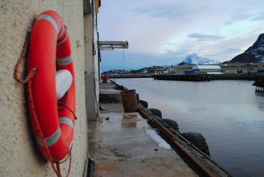 A life buoy at the docks in Svolvær in Lofoten, Norway.