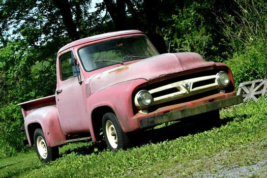 A Vintage red pickup truck