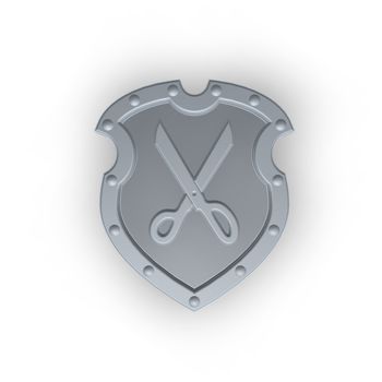 riveted emblem with shears on white background - 3d illustration