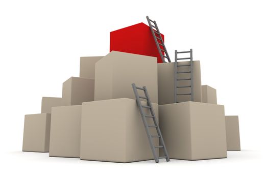 a pile of cardboard boxes - red box on top - three red glossy ladders are used to climb to the top