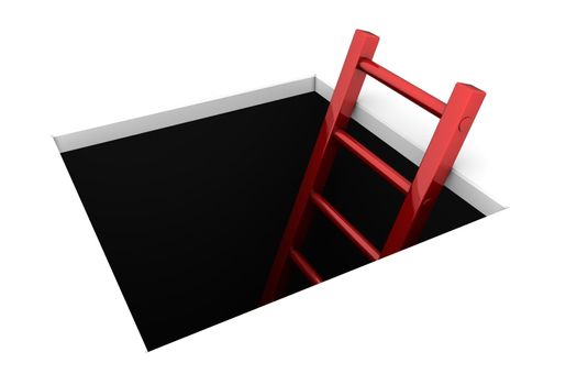 a rectangle hole in the white ground - metallic red ladder to climb out