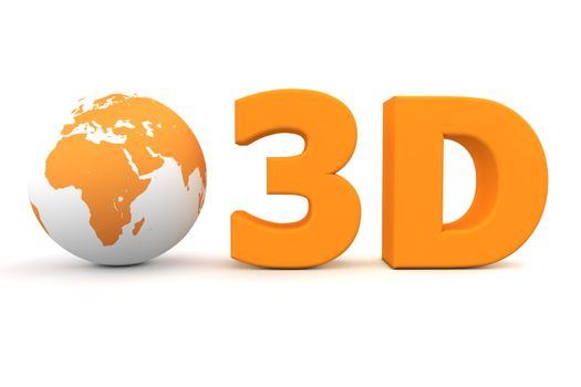 matt orange word 3D with a 3D globe - front view