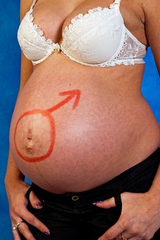 Pregnant woman  on the blue mosaic background