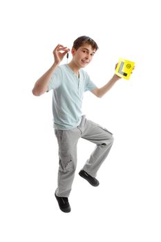 A jumping teenager holding car key and yellow L learner driver plates