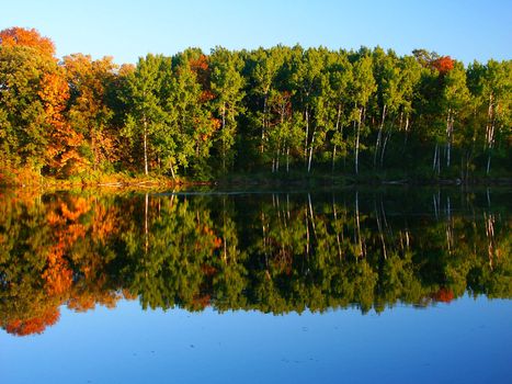 Beautiful fall colors reflect off a pond at Kettle Moraine State Forest in Wisconsin.