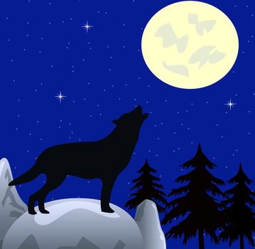Wolf on in the night wails on moon